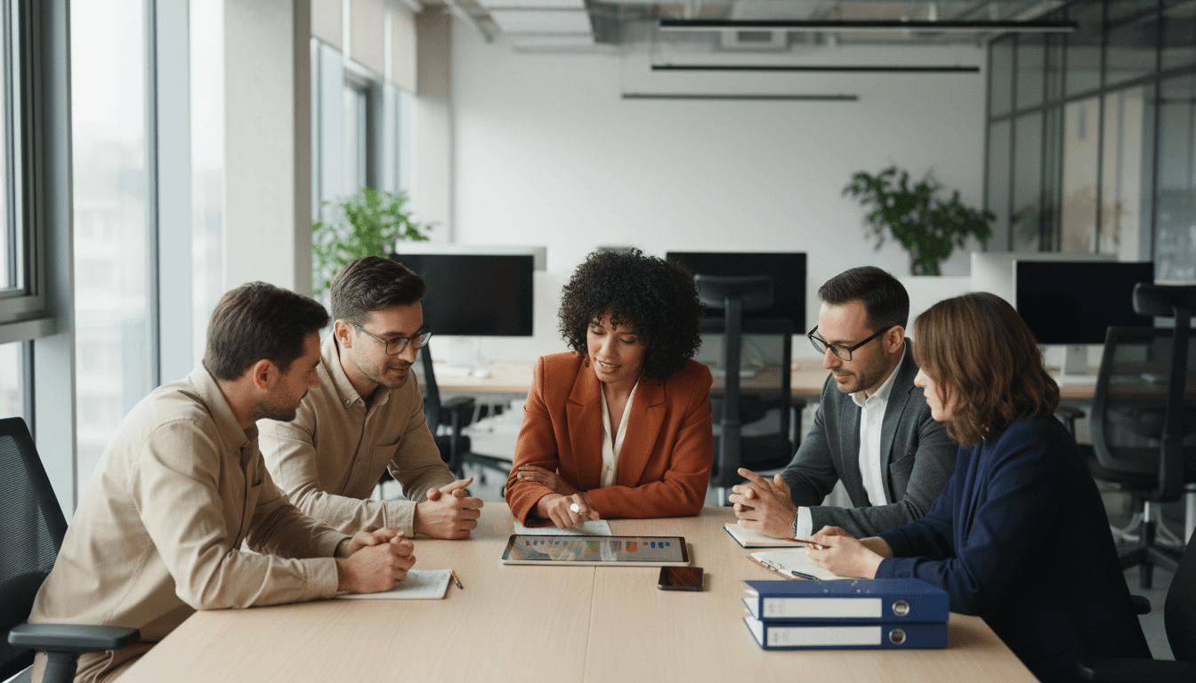 Diverse team collaborating and engaged together in a modern office setting