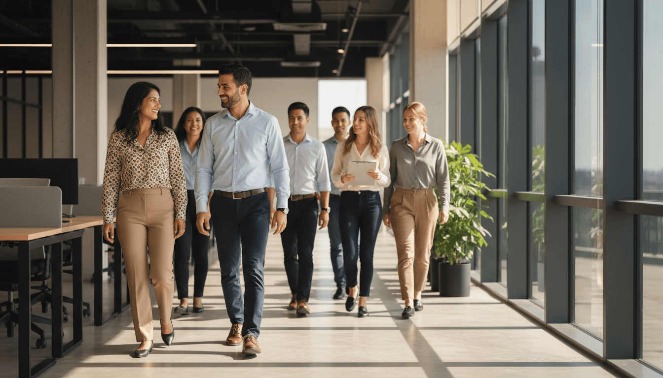 New employees walking through a modern office together