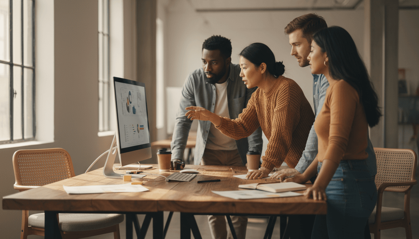 Team members collaborating together at a workspace