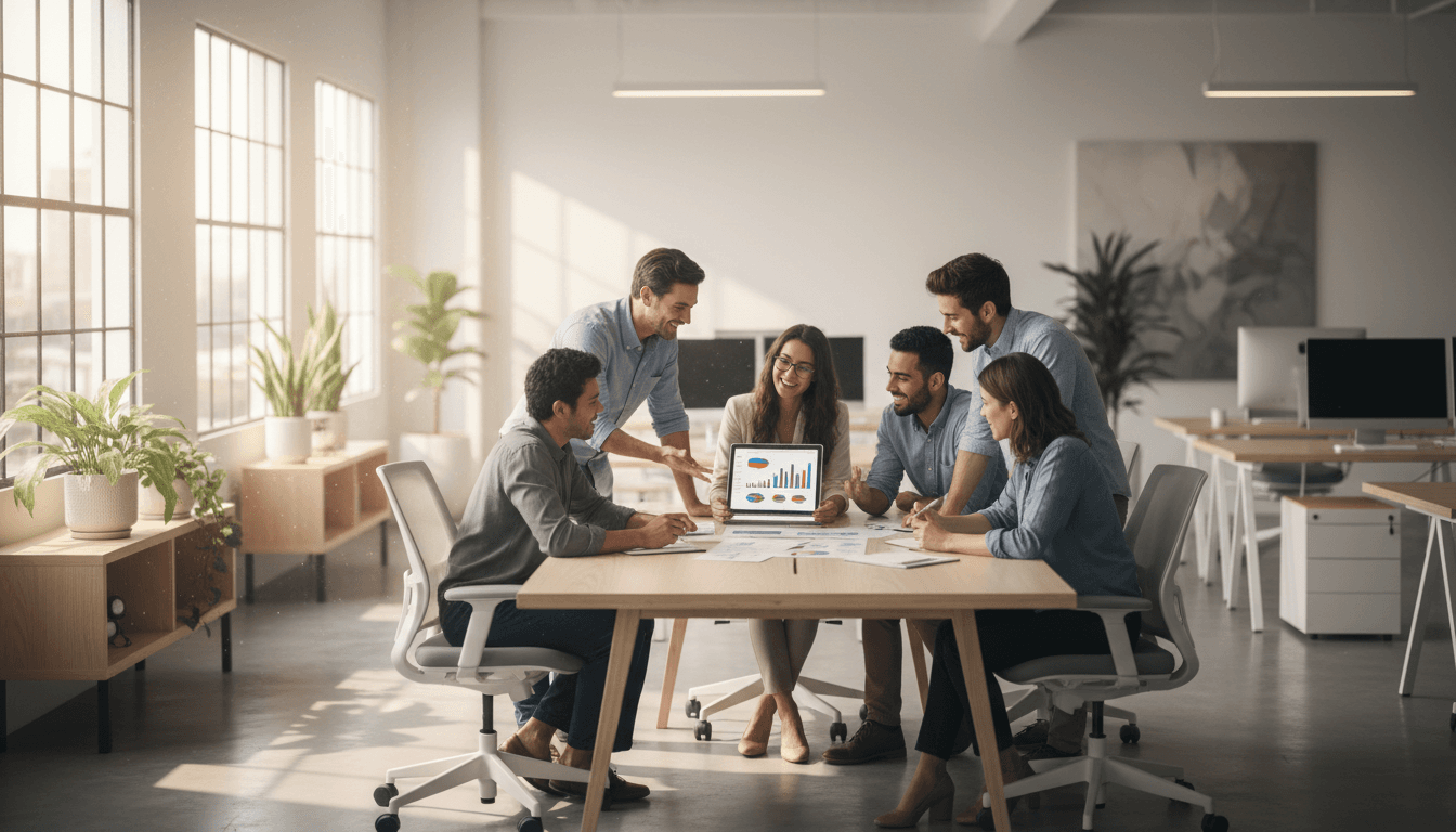 Team reviewing employee experience and onboarding program materials in a collaborative workspace